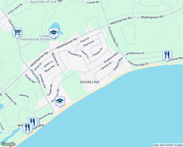 map of restaurants, bars, coffee shops, grocery stores, and more near Doubloon Road in Freeport