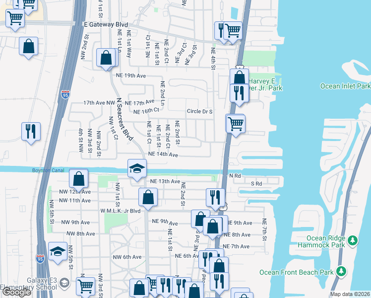 map of restaurants, bars, coffee shops, grocery stores, and more near 332 Northeast 15th Court in Boynton Beach