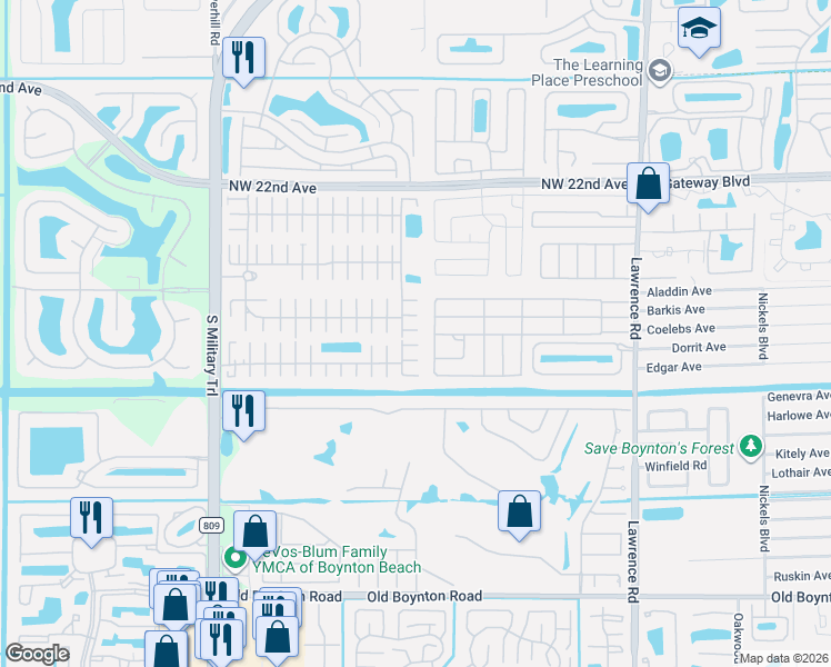 map of restaurants, bars, coffee shops, grocery stores, and more near 18010 Huapi Bay in Boynton Beach