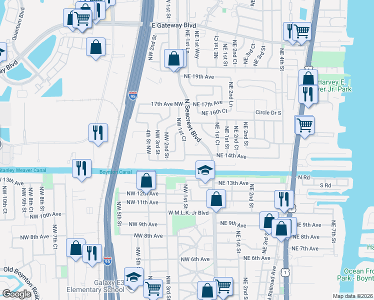 map of restaurants, bars, coffee shops, grocery stores, and more near 1461 Northwest 1st Court in Boynton Beach