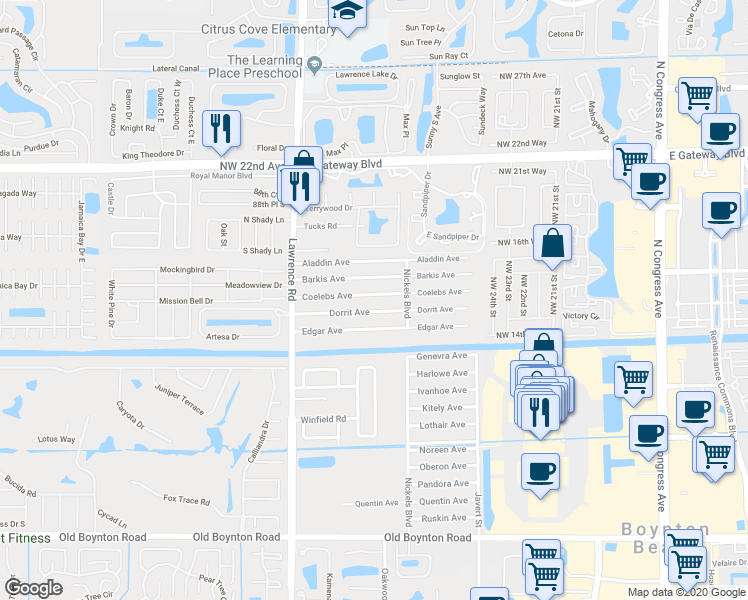 map of restaurants, bars, coffee shops, grocery stores, and more near 3778 Coelebs Avenue in Boynton Beach