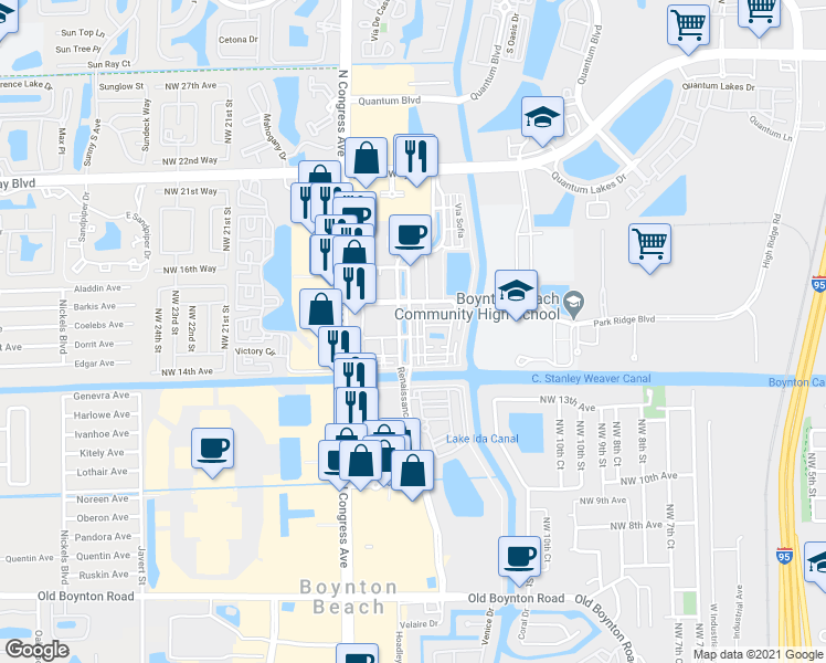 map of restaurants, bars, coffee shops, grocery stores, and more near 1425 Vía De Pepi in Boynton Beach