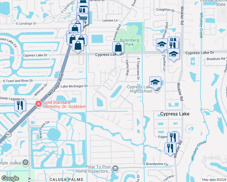 map of restaurants, bars, coffee shops, grocery stores, and more near 1168 Lake McGregor Drive in Fort Myers