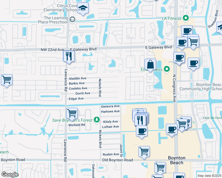 map of restaurants, bars, coffee shops, grocery stores, and more near 3590 Coelebs Avenue in Boynton Beach
