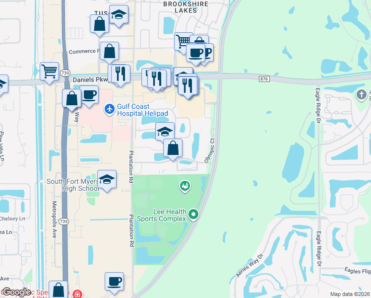 map of restaurants, bars, coffee shops, grocery stores, and more near 6801 Palisades Park Court in Fort Myers