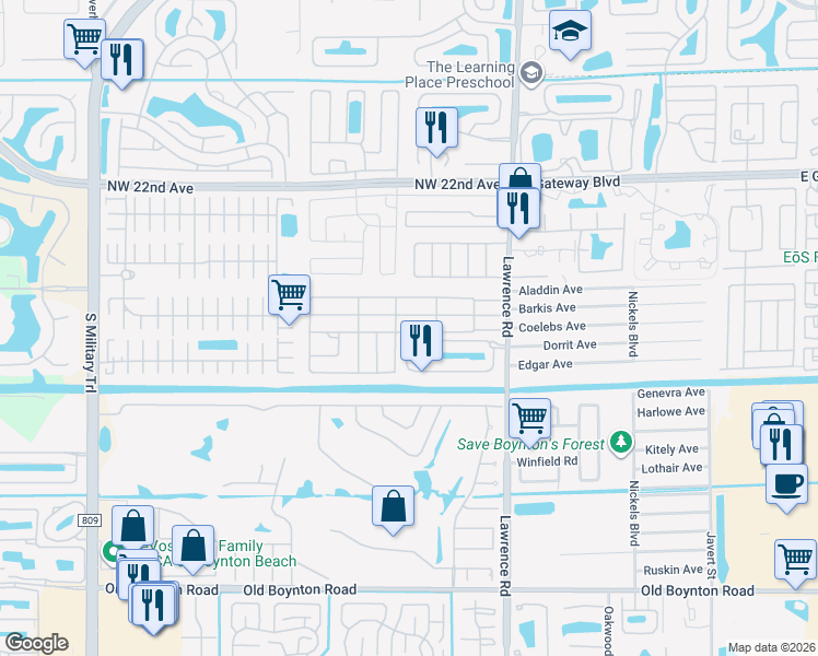 map of restaurants, bars, coffee shops, grocery stores, and more near 4247 Mission Bell Drive in Boynton Beach