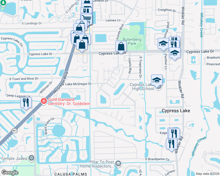map of restaurants, bars, coffee shops, grocery stores, and more near 1050 Lake McGregor Drive in Fort Myers