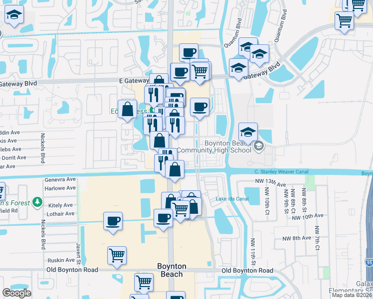 map of restaurants, bars, coffee shops, grocery stores, and more near 3207 Renaissance Way in Boynton Beach