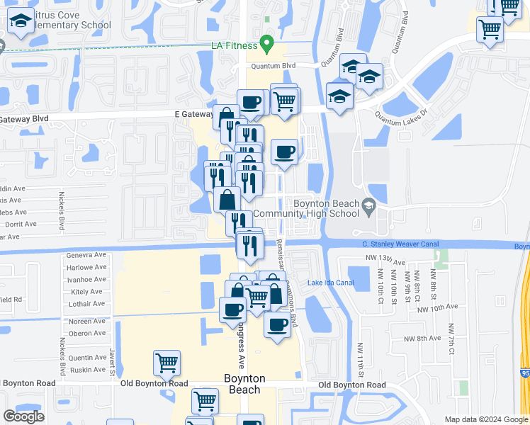 map of restaurants, bars, coffee shops, grocery stores, and more near 3207 Renaissance Way in Boynton Beach