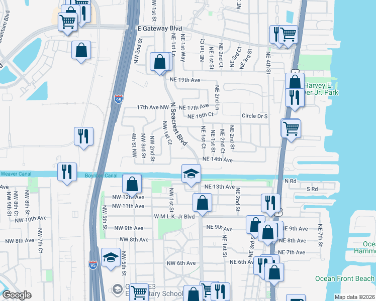 map of restaurants, bars, coffee shops, grocery stores, and more near 1521 North Seacrest Boulevard in Boynton Beach