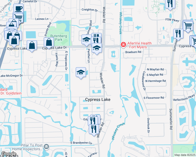 map of restaurants, bars, coffee shops, grocery stores, and more near in Cypress Lake