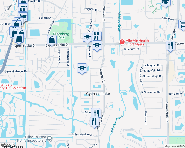 map of restaurants, bars, coffee shops, grocery stores, and more near 21 Lueck Lane in Fort Myers