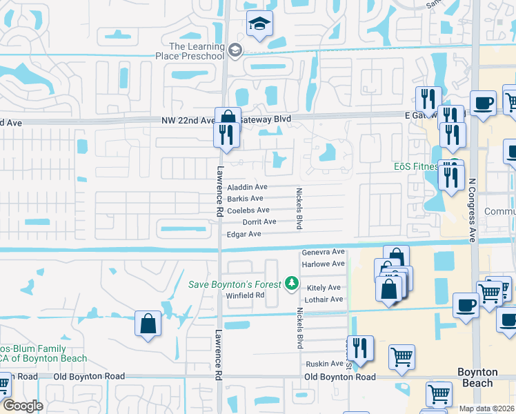 map of restaurants, bars, coffee shops, grocery stores, and more near 3862 Coelebs Avenue in Boynton Beach