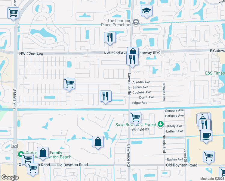 map of restaurants, bars, coffee shops, grocery stores, and more near 4159 Mission Bell Drive in Boynton Beach