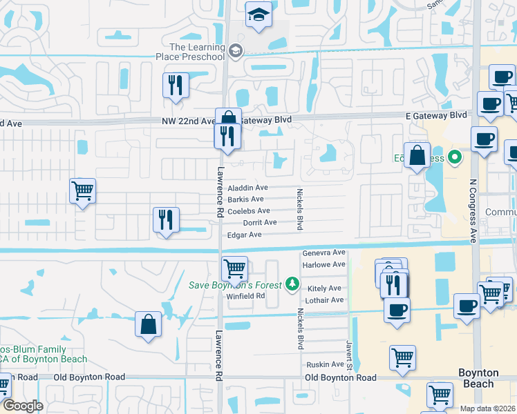 map of restaurants, bars, coffee shops, grocery stores, and more near 3861 Coelebs Avenue in Boynton Beach