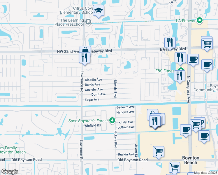 map of restaurants, bars, coffee shops, grocery stores, and more near 3778 Coelebs Avenue in Boynton Beach