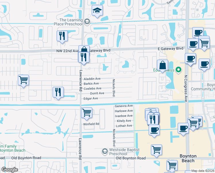 map of restaurants, bars, coffee shops, grocery stores, and more near 3753 Coelebs Avenue in Boynton Beach