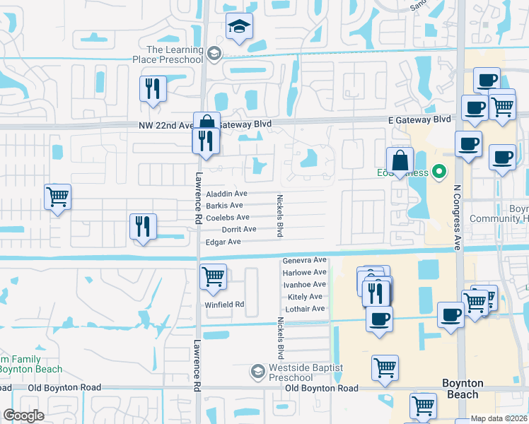 map of restaurants, bars, coffee shops, grocery stores, and more near 3753 Coelebs Avenue in Boynton Beach
