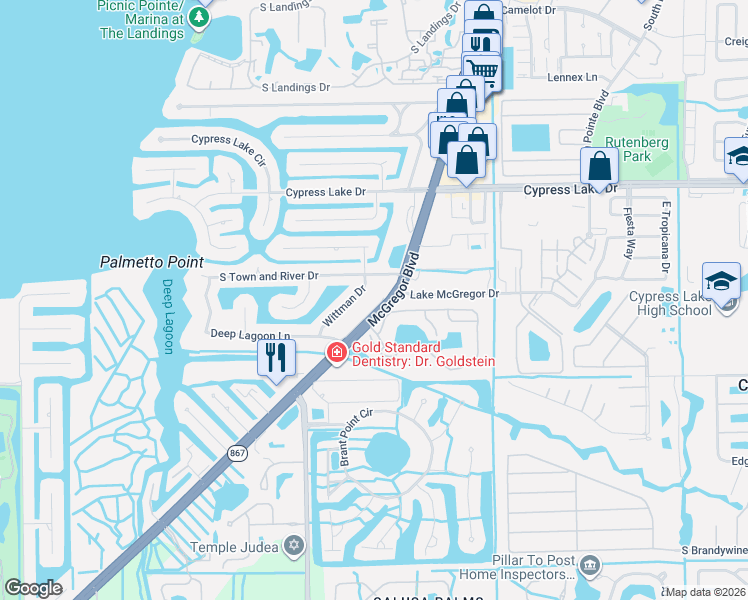 map of restaurants, bars, coffee shops, grocery stores, and more near 13790 McGregor Boulevard in Fort Myers
