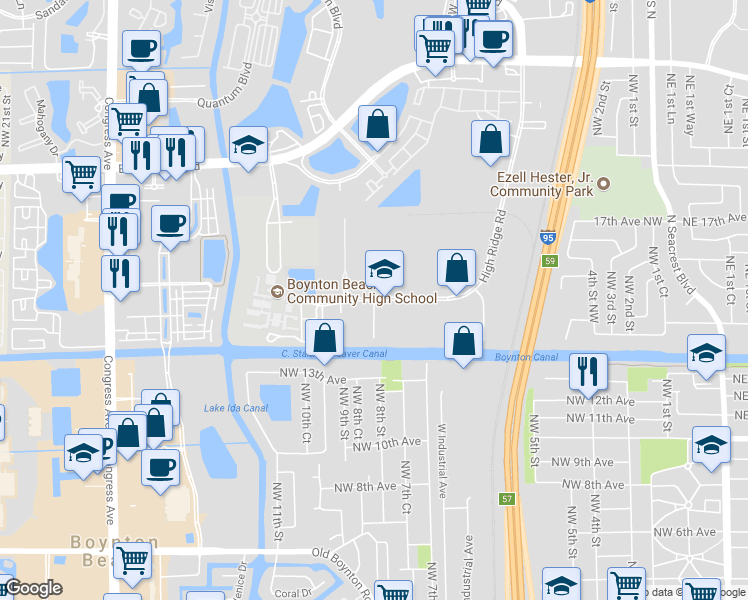 map of restaurants, bars, coffee shops, grocery stores, and more near Beta Drive in Boynton Beach