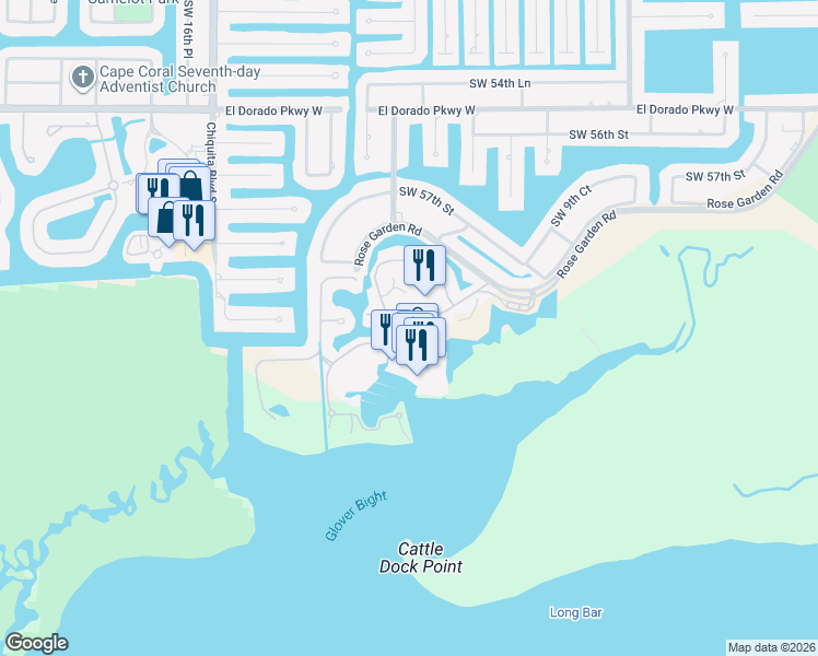 map of restaurants, bars, coffee shops, grocery stores, and more near 5965 Tarpon Gardens Circle in Cape Coral
