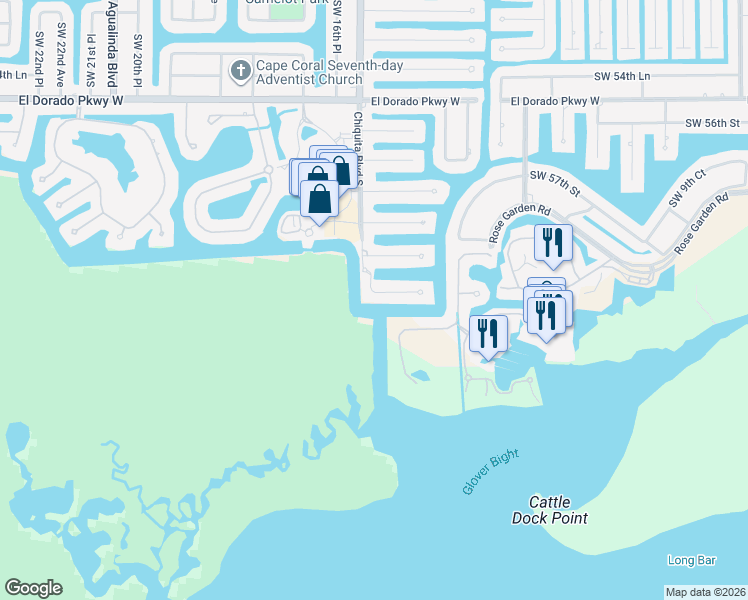 map of restaurants, bars, coffee shops, grocery stores, and more near 1530 Hermitage Lane in Cape Coral