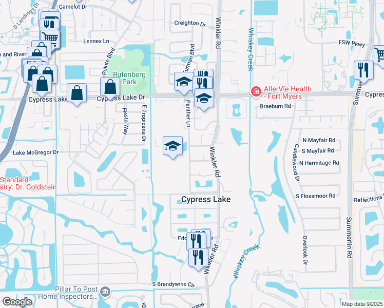 map of restaurants, bars, coffee shops, grocery stores, and more near 21 Lueck Lane in Fort Myers