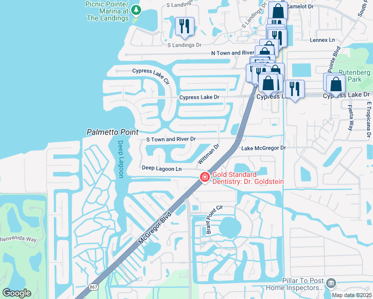 map of restaurants, bars, coffee shops, grocery stores, and more near 6909 Erin Marie Court in Fort Myers