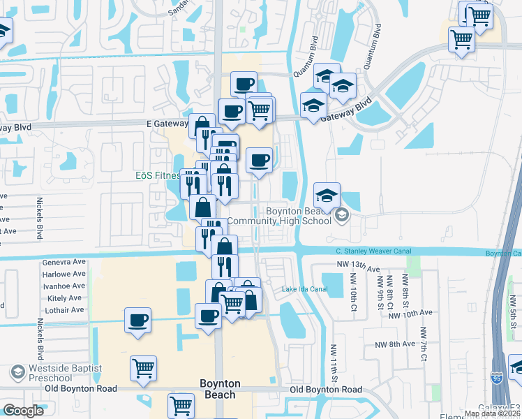 map of restaurants, bars, coffee shops, grocery stores, and more near 1525 Vía De Pepi in Boynton Beach