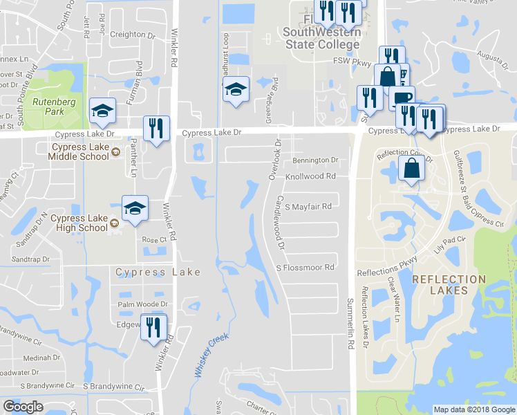 map of restaurants, bars, coffee shops, grocery stores, and more near 6750 Overlook Drive in Fort Myers