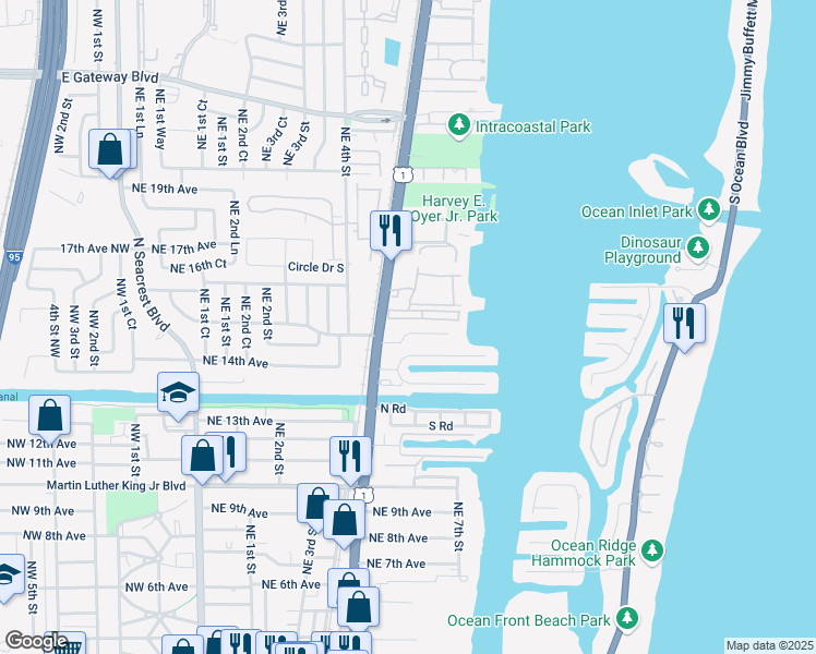map of restaurants, bars, coffee shops, grocery stores, and more near 1550 North Federal Highway in Boynton Beach