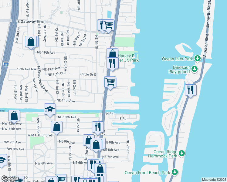 map of restaurants, bars, coffee shops, grocery stores, and more near 1550 North Federal Highway in Boynton Beach