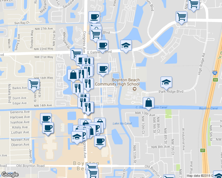 map of restaurants, bars, coffee shops, grocery stores, and more near in Boynton Beach