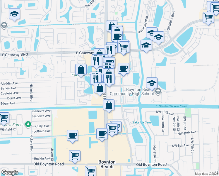 map of restaurants, bars, coffee shops, grocery stores, and more near 1760 Congress Avenue in Boynton Beach