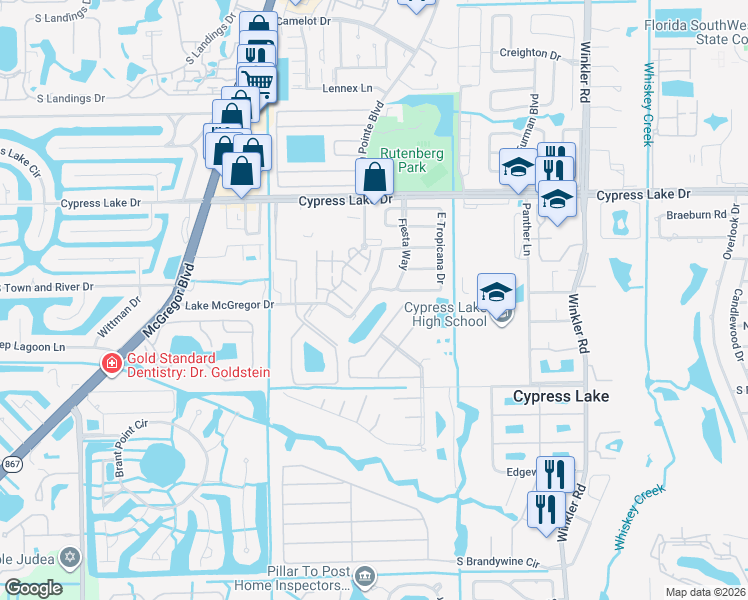 map of restaurants, bars, coffee shops, grocery stores, and more near 1185 Lake McGregor Drive in Fort Myers