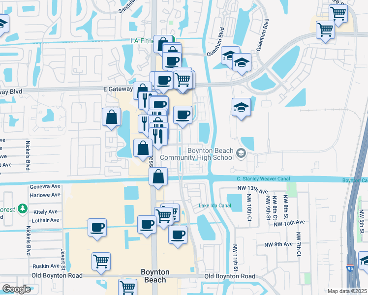 map of restaurants, bars, coffee shops, grocery stores, and more near 1555 Vía De Pepi in Boynton Beach