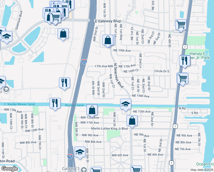 map of restaurants, bars, coffee shops, grocery stores, and more near 1541 Northwest 2nd Street in Boynton Beach