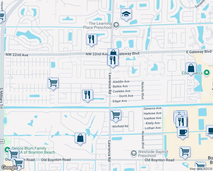 map of restaurants, bars, coffee shops, grocery stores, and more near 4056 South Shady Lane in Boynton Beach
