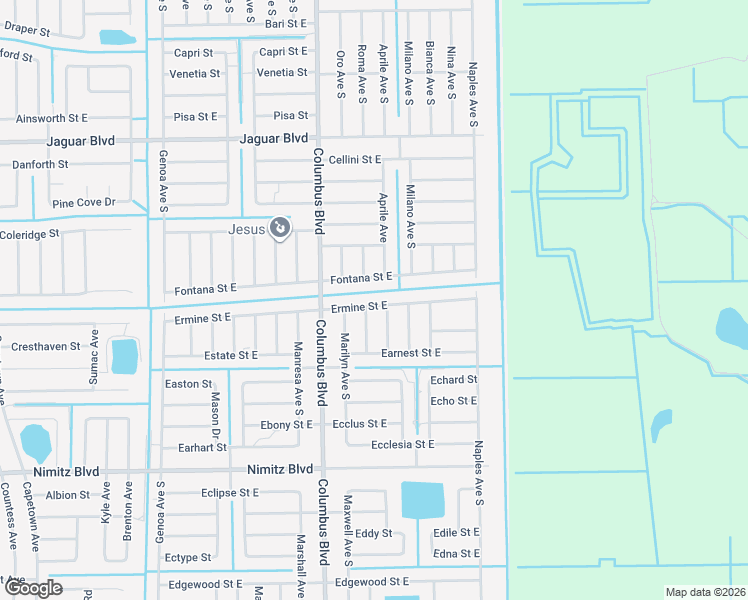 map of restaurants, bars, coffee shops, grocery stores, and more near 1218 Fontana Street East in Lehigh Acres
