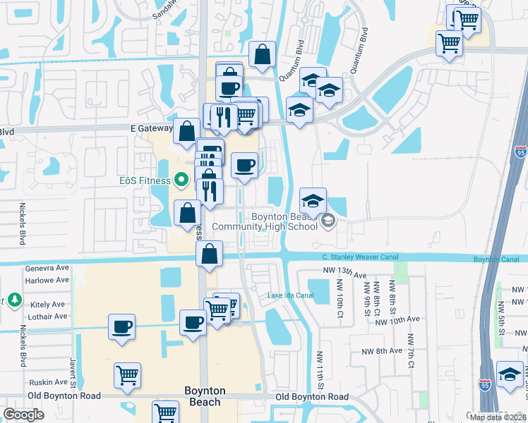 map of restaurants, bars, coffee shops, grocery stores, and more near 1247 Vía De Fossi in Boynton Beach