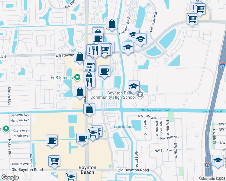 map of restaurants, bars, coffee shops, grocery stores, and more near 1211 Renaissance Drive in Boynton Beach
