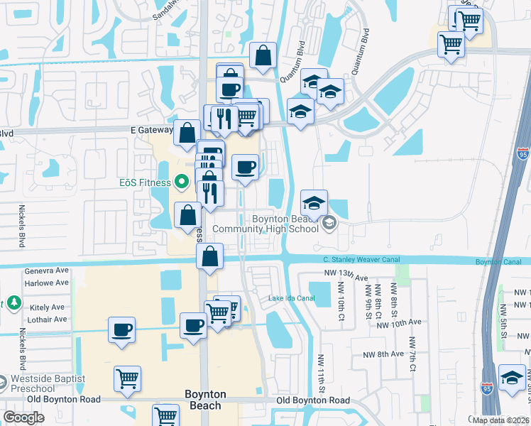 map of restaurants, bars, coffee shops, grocery stores, and more near 1211 Renaissance Drive in Boynton Beach