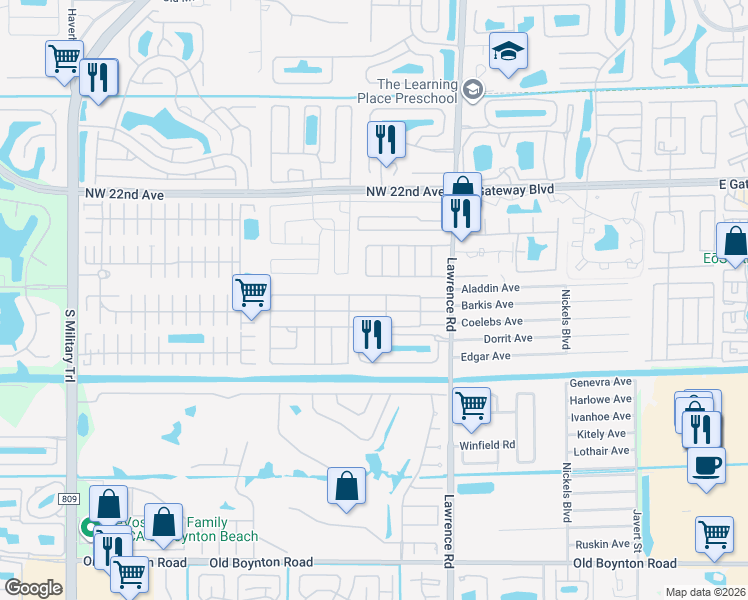 map of restaurants, bars, coffee shops, grocery stores, and more near 8979 West Shady Lane in Boynton Beach