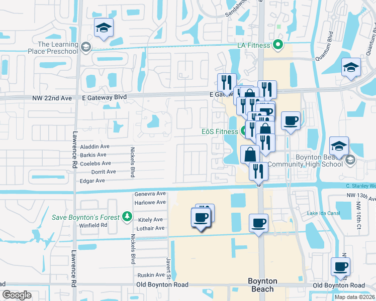 map of restaurants, bars, coffee shops, grocery stores, and more near 2306 Northwest 15th Way in Boynton Beach