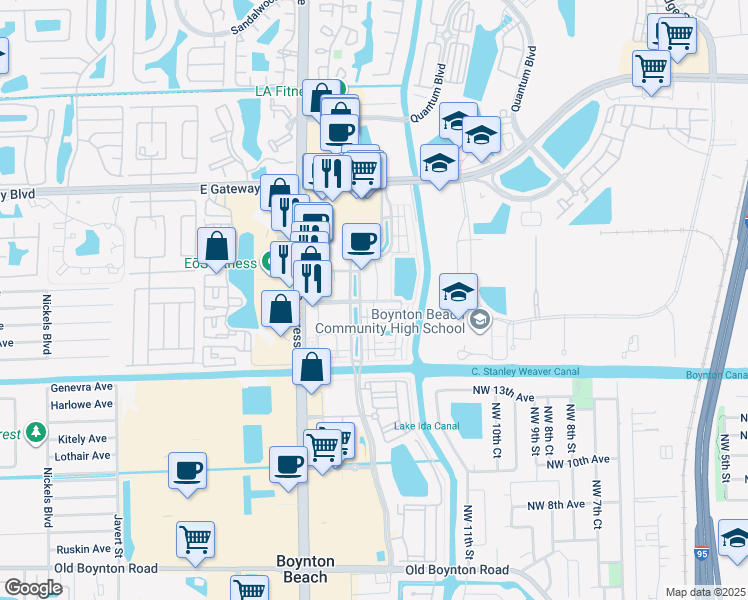 map of restaurants, bars, coffee shops, grocery stores, and more near 1645 Renaissance Drive in Boynton Beach