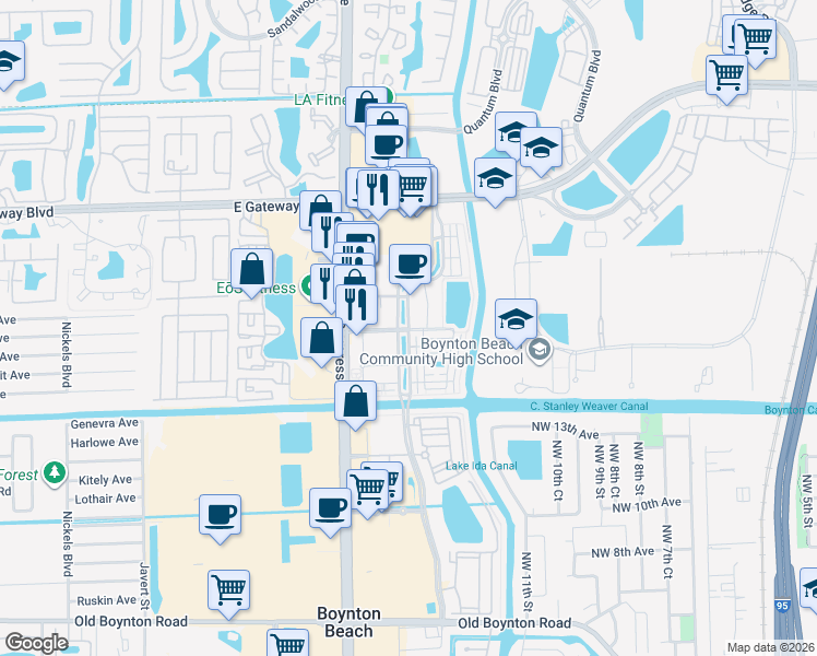 map of restaurants, bars, coffee shops, grocery stores, and more near 1605 Renaissance Commons Boulevard North in Boynton Beach