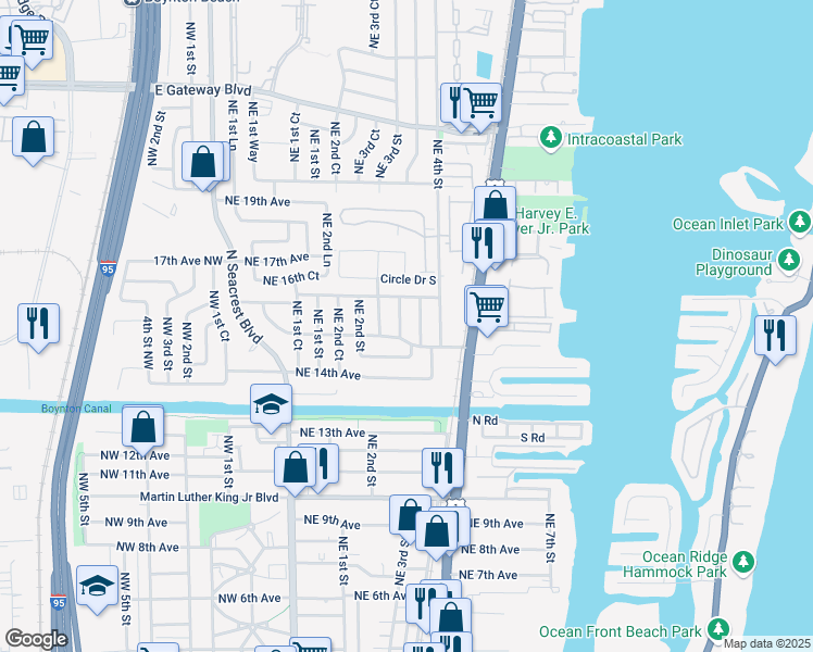 map of restaurants, bars, coffee shops, grocery stores, and more near 1627 4th Court Northeast in Boynton Beach