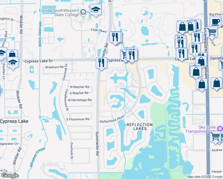 map of restaurants, bars, coffee shops, grocery stores, and more near 13960 Lake Mahogany Boulevard in Fort Myers