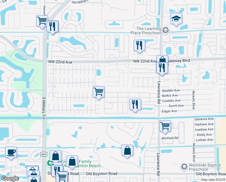 map of restaurants, bars, coffee shops, grocery stores, and more near 4385 Mockingbird Drive in Boynton Beach