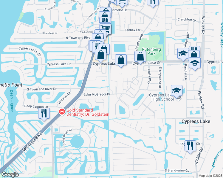 map of restaurants, bars, coffee shops, grocery stores, and more near 1182 South Town and River Drive in Fort Myers